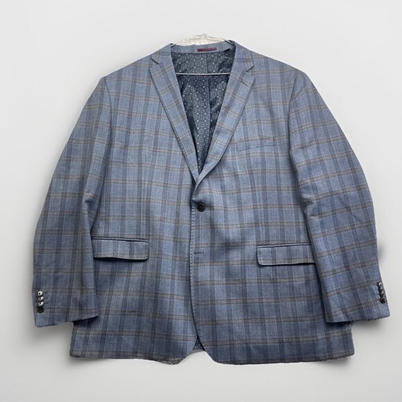 Johnston & Murphy Blazer Men XXXL Blue / Brown Plaid Windowpane 2 Button Wool - Picture 1 of 16